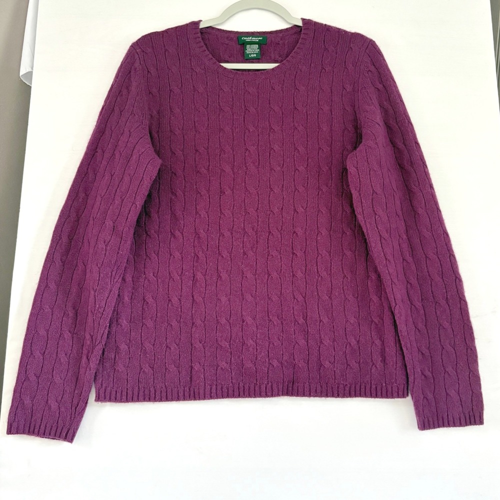 Lord & Taylor Cashmere Sweater Womens Large Purple Cable Knit Crew Neck Pullover